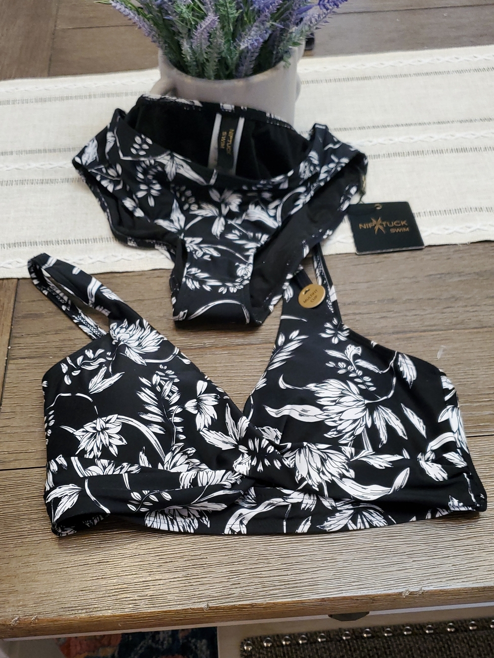 NWT Black & White Floral Bikini Top and Bottom Set